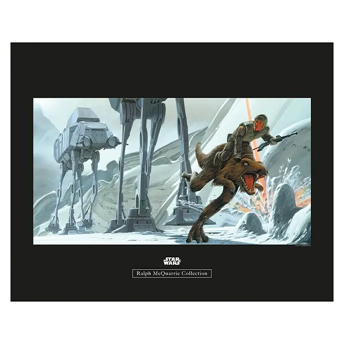 Komar Star Wars Poster RMQ Hoth Battle Ground - Star Wars, B x H: 70 x 50 cm - Star Wars Ralph McQuarrie Collection-Artwork: AT-ATs und ein berittener Soldat auf einem Tauntaun in einer eisigen Landschaft.