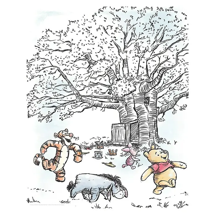 Komar Disney Edition 4 Poster Winnie Pooh Playground - Disney, B x H: 30 x 40 cm - Illustration von Winnie Puuh und seinen Freunden unter einem Baum, die eine freundliche und nostalgische Atmosphäre verbreitet.