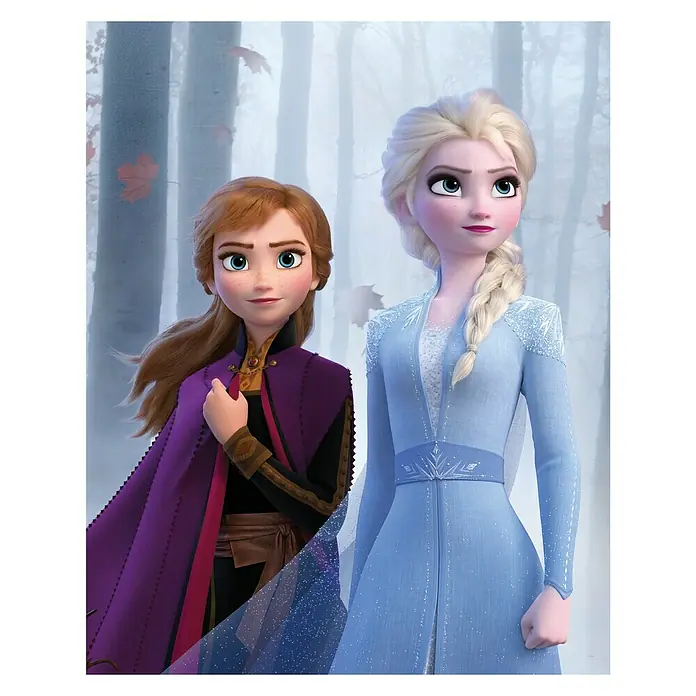 Komar Disney Edition 4 Poster Frozen Sisters In The Wood - Disney, B x H: 40 x 50 cm - Elsa und Anna aus "Die Eiskönigin 2" stehen vor einem verschwommenen Waldhintergrund, beides tragen ihre ikonischen Kleider.