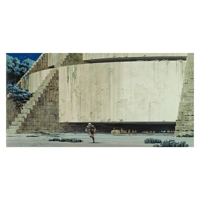 Komar Star Wars Fototapete RMQ Yavin Temple - 10 -tlg., B x H: 500 x 250 cm, Vlies - Science-Fiction-Kunst mit einem laufenden Soldaten vor einer massiven, architektonischen Struktur. Eine Szene voller Spannung und futuristischer Elemente.