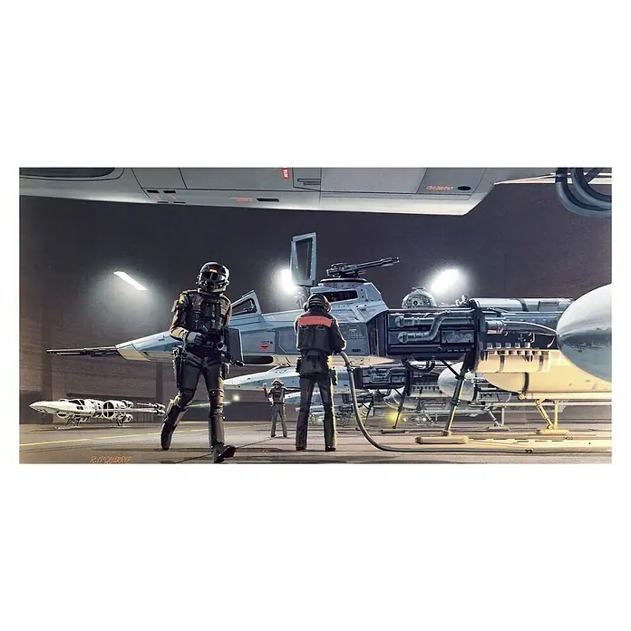Komar Star Wars Fototapete RMQ Yavin Y-Wing - B x H: 500 x 250 cm, Vlies - Star Wars Kunstwerk: Raumschiffe werden von Personal in einer Raumschiffhalle gewartet.