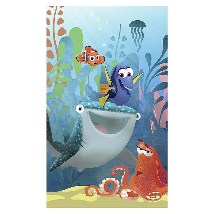 Komar Disney Edition 4 Fototapete Finding Dory Aquarell - 1 -tlg., B x H: 150 x 250 cm, Vlies - Eine farbenfrohe Illustration der Figuren aus Findet Nemo und Findet Dorie, inklusive Nemo, Dorie, Bailey und Hank in einer Unterwasserlandschaft.