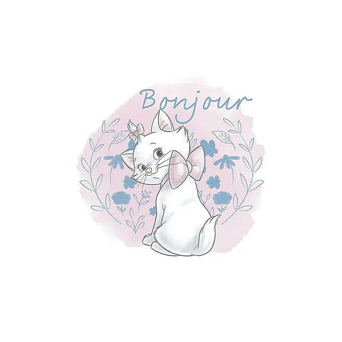 Komar Disney Edition 4 Poster Aristocats Marie - Disney, B x H: 30 x 40 cm - Marie-Katze-Poster mit der Aufschrift "Bonjour" auf einem hellrosa Blumenhintergrund. Ein bezauberndes Poster für Kinderzimmer.