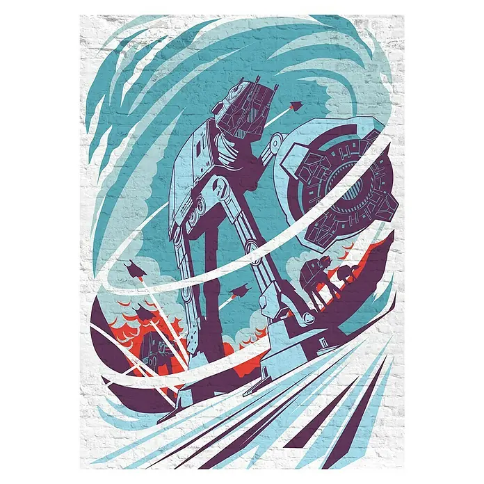 Komar Star Wars Fototapete Concrete Hoth - 4 -tlg., B x H: 200 x 280 cm, Vlies - Star Wars AT-AT Wandkunst auf Ziegelstein. Ikonische Szene, dynamische Farben und Retro-Stil. Perfekt für Star Wars Fans!