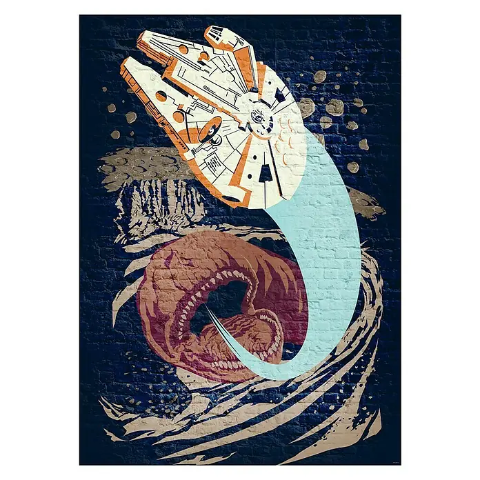 Komar Star Wars Fototapete Concrete Asteroid Worm - 4 -tlg., B x H: 200 x 280 cm, Vlies - Illustration des Millennium Falcon, der einem Weltraumwurm aus Star Wars entkommt, auf einer blauen Backsteinmauer im Graffiti-Stil.
