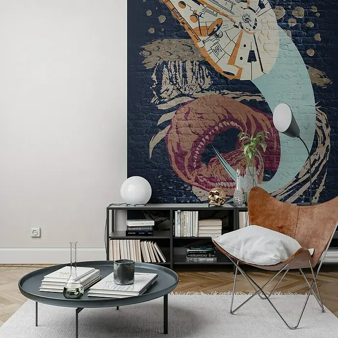 Komar Star Wars Fototapete Concrete Asteroid Worm - 4 -tlg., B x H: 200 x 280 cm, Vlies - Wandbild mit einer Illustration von Raumschiffen und Monstern, das eine fantasievolle und kreative Atmosphäre im Raum schafft.
