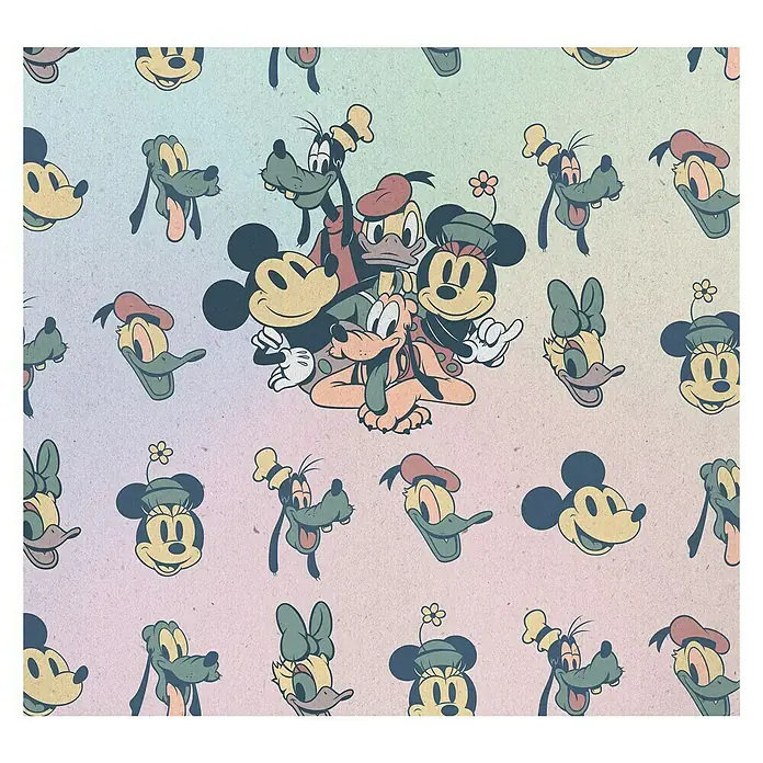 Komar Disney Edition 4 Fototapete Mickey Fab5 - 6 -tlg., B x H: 300 x 280 cm, Vlies - Ein cartoonhaftes Muster mit klassischen Disney-Figuren wie Mickey Mouse, Donald Duck und Goofy auf einem farbenfrohen Hintergrund.