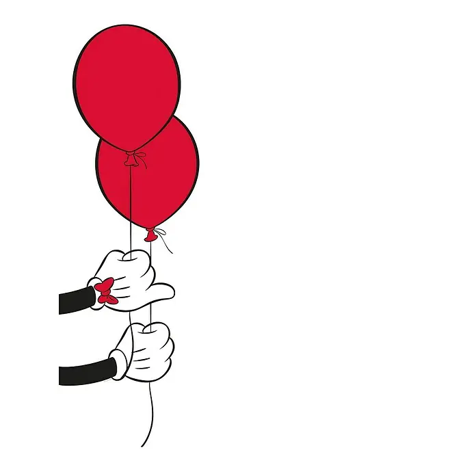 Komar Disney Edition 4 Poster Mickey Mouse Balloon - Disney, B x H: 50 x 70 cm - Zwei rote Ballons werden von cartoonartigen Händen gehalten, was dem Bild eine skurrile Note verleiht.