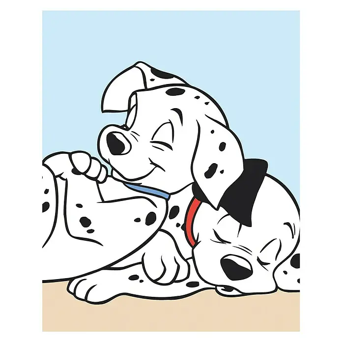 Komar Disney Edition 4 Poster 101 Dalmatiner Cuddle - Disney, B x H: 30 x 40 cm - Zwei Dalmatinerwelpen, einer wach, der andere schlafend, in einer niedlichen Cartoon-Illustration.