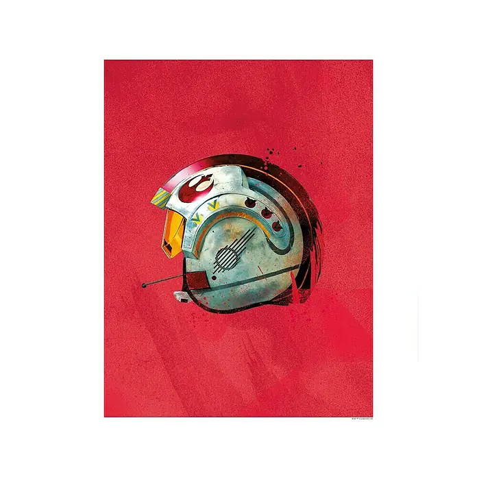Komar Star Wars Poster Helmets Rebel Pilot - Star Wars, B x H: 30 x 40 cm - Ein Retro-Poster des Star Wars X-Wing-Pilothelms mit Rebellenlogo und roten Markierungen vor einem roten Hintergrund.