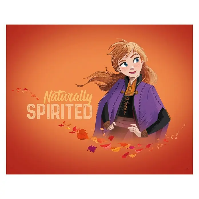 Komar Disney Edition 4 Poster Frozen Anna Autumn Spirit - Disney, B x H: 70 x 50 cm - Illustration von Anna aus "Die Eiskönigin" mit dem Schriftzug "Naturally Spirited" und bunten Herbstblättern auf orangefarbenem Hintergrund.