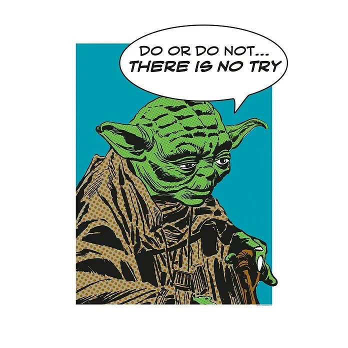 Komar Star Wars Poster Comic Quote Yoda - Star Wars, B x H: 40 x 50 cm - Yoda-Kunstdruck mit dem Zitat "Tu es oder tu es nicht... Es gibt kein Versuchen" auf blauem Hintergrund und schwarzem Rahmen.