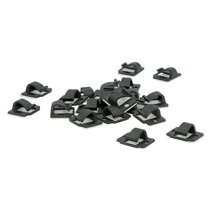 Voltomat Kabelklemme - Schwarz, 14 x 20 mm, Kunststoff, 20 Stk. - Nahaufnahme einer Gruppe von schwarzen Kabelklemmen mit Klebepads auf einer weißen Oberfläche. Ideal zur Kabelführung und Organisation.