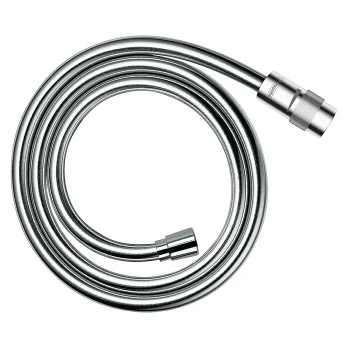 Hansgrohe Brauseschlauch Isiflex - Länge: 125 cm, Kunststoff, Chrom - Ein gewickelter, glänzender Chrom-Brauseschlauch mit Endstücken, die in der Mitte und rechts im Bild sichtbar sind.