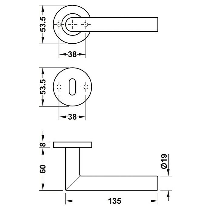 Häfele Zimmertürgarnitur 1 (Türstärke: 38 - 42 mm, Buntbart BB, Edelstahl, Form Drücker: L-Form)