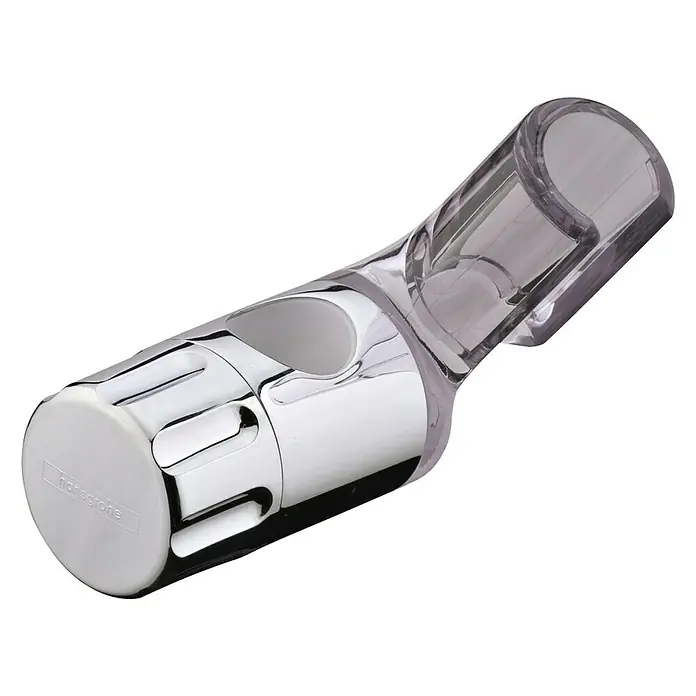 Hansgrohe Konusgleiter Unica 88 - Kunststoff, Chrom - Nahaufnahme eines modernen Hansgrohe Duschkopfes mit Chrom- und Transparentakzenten vor schwarzem Hintergrund.