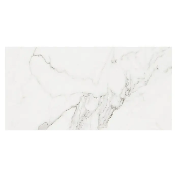 Halcón Pavimento porcelánico Palatina - 60 x 120 cm, Blanco Carrara, Mate, Espesor: 7,4 mm - Primer plano de una baldosa de mármol blanco con vetas grises, que ofrece una estética elegante y lujosa.
