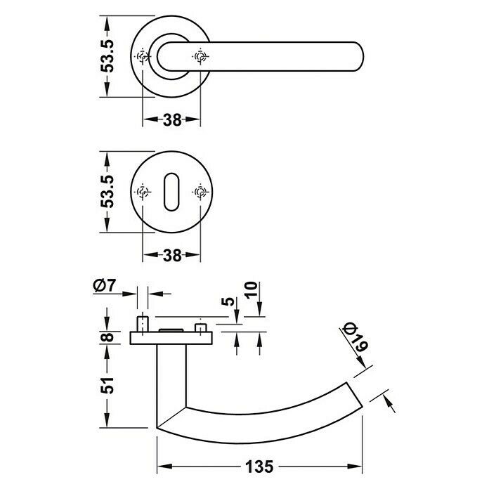 Häfele Zimmertürgarnitur 2 (Türstärke: 38 - 42 mm, Profilzylinder PZ, Edelstahl, Gebogen)