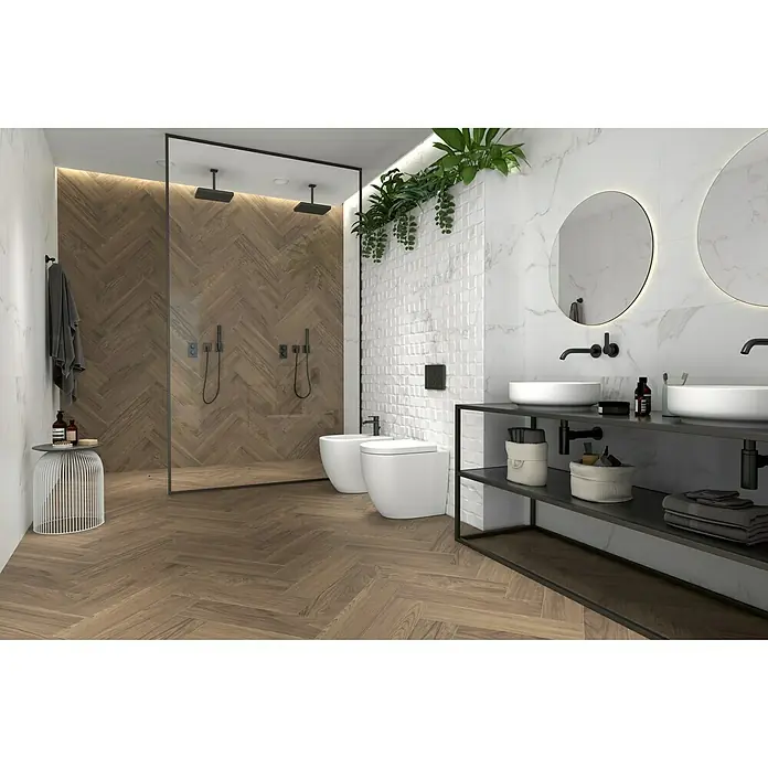 Revestimiento de pared Palatina - 90 x 30 cm, Blanco, Rectificado, Brillante - Un baño elegante con ducha, tocador y zona de WC, que combina la elegancia moderna con la funcionalidad.