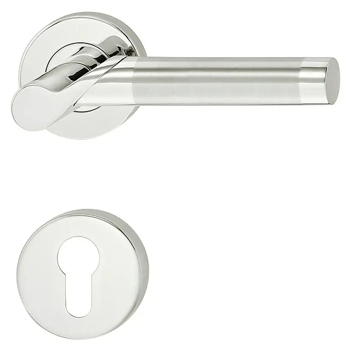 Häfele Drückergarnitur 4 - Stärke Tür: 38 mm - 42 mm, Edelstahl, L-Form, Profilzylinder - Ein Türgriff mit Rosetten, aus Chrom, mit einem modernen, zylindrischen Design. Perfekt für eine stilvolle Inneneinrichtung.