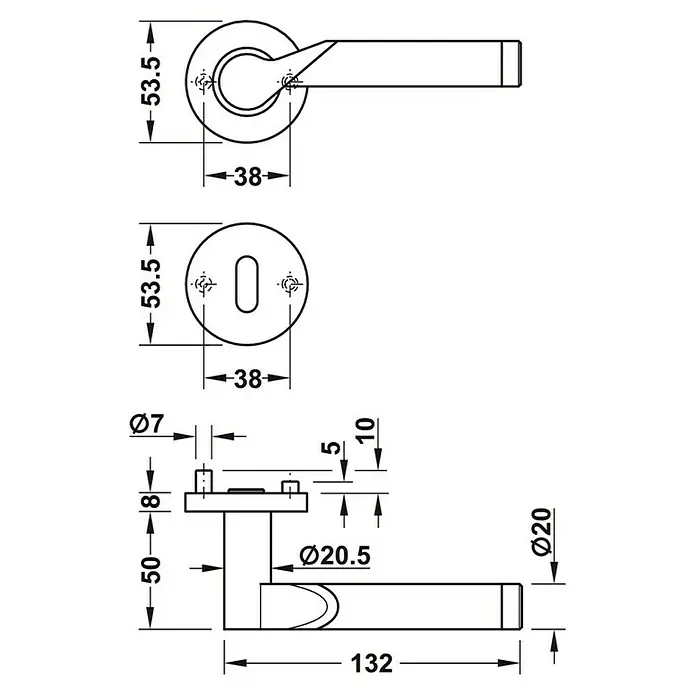 Häfele Drückergarnitur 4 - Stärke Tür: 38 mm - 42 mm, Edelstahl, L-Form, Profilzylinder - Technische Zeichnung eines Türgriffs mit Rosette, einschließlich Maße wie Durchmesser und Länge für die Montage.