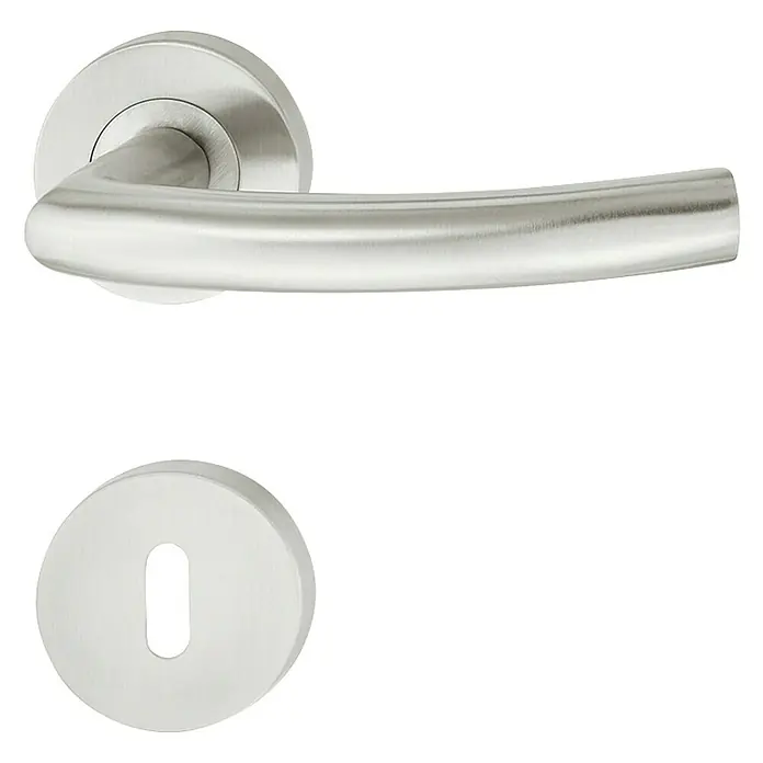Häfele Drückergarnitur 2 - Stärke Tür: 38 mm - 42 mm, Edelstahl, Gebogen, Buntbart - Türbeschlag aus Edelstahl: Elegante Türklinke mit Rosette und Schlüssellochblende, ideal für moderne Innenräume. Zeitloses Design für jede Tür.