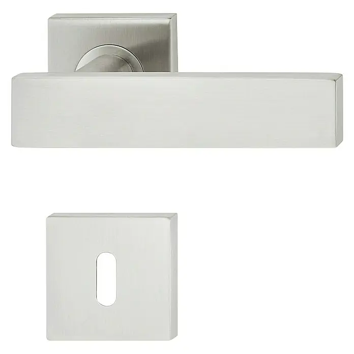 Häfele Drückergarnitur 6 - Stärke Tür: 38 mm - 42 mm, Edelstahl, L-Form, Buntbart - Elegante Türgarnitur mit rechteckigem Design und silberner Oberfläche. Perfekt für moderne Innenräume und hochwertige Türen.