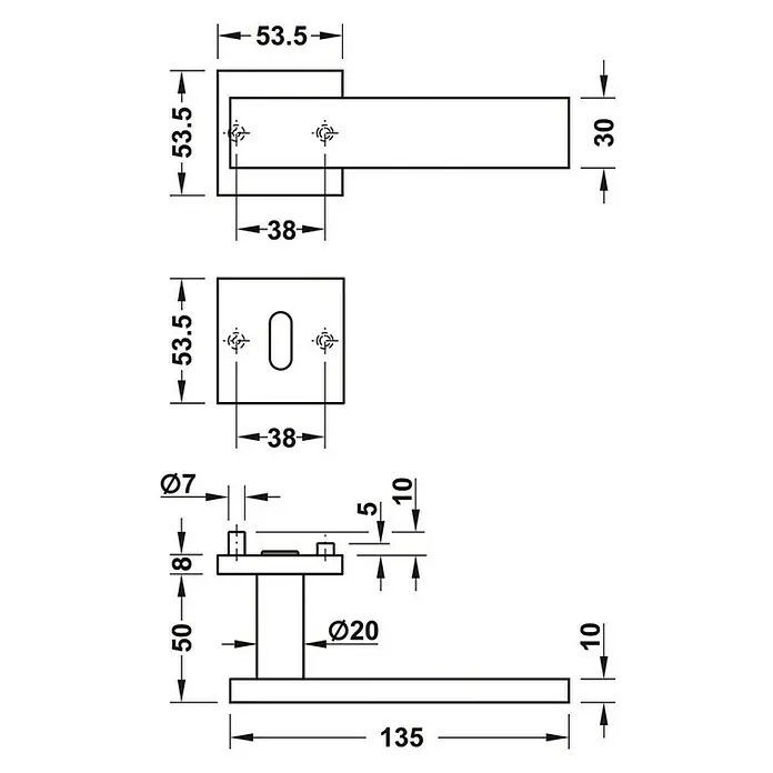 Häfele Drückergarnitur 6 - Stärke Tür: 38 mm - 42 mm, Edelstahl, L-Form, Buntbart - Eine detaillierte technische Zeichnung einer Türklinke mit allen Maßangaben für Installation und Design.