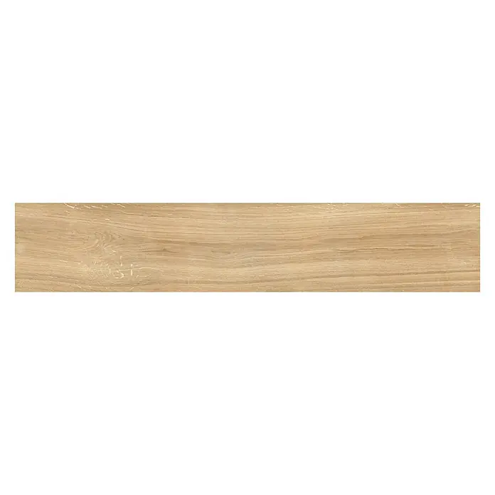 Pavimento porcelánico Selva - 22,5 x 119,5 cm, Beige, Rectificado, Mate - Una tabla rectangular con una veta de madera marrón claro, ideal para muebles o como elemento decorativo. La superficie parece natural y cálida.