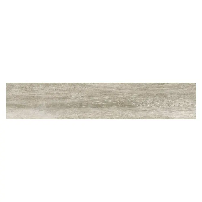 Halcón Pavimento porcelánico Atelier - 23,3 x 120 cm, Taupe, Clase 2 - Vista del producto de una baldosa alargada con aspecto de madera gris claro con grano sutil, ideal para interiores modernos.