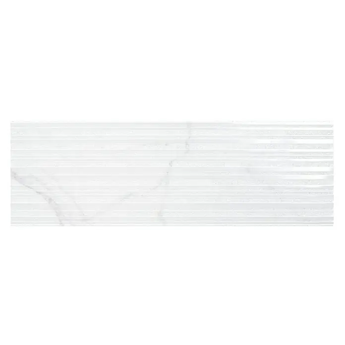 Revestimiento de pared Palatina Nazca - 30 x 90 cm, Blanco Carrara, Mate, Rectificado - Elegante producto de azulejo blanco de pared con ranuras horizontales y sutiles vetas de mármol. Ideal para diseños interiores.