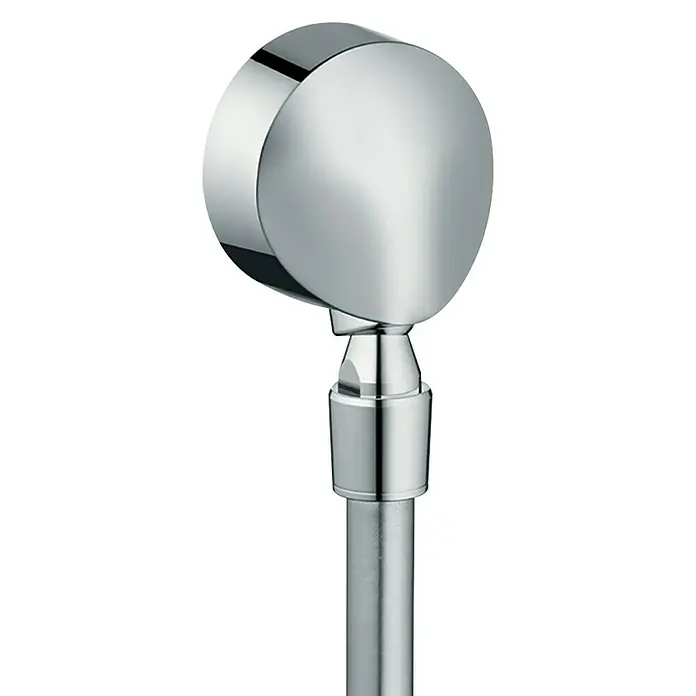 Hansgrohe Brauseanschluss Fixfit E 2 - ½″, Chrom - Nahaufnahme eines eleganten, verchromten Duschkopfs mit minimalistischem Design auf einem schlichten, schwarzen Hintergrund.