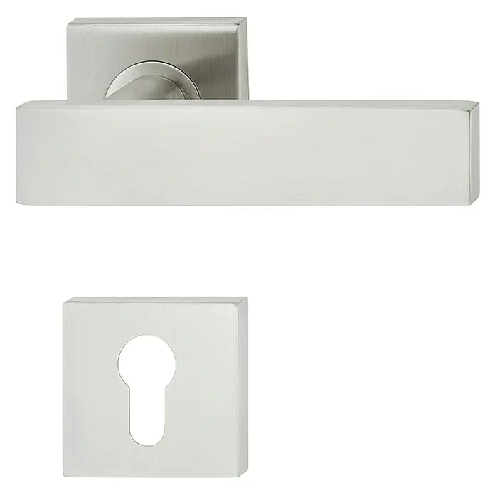 Häfele Drückergarnitur 6 - Stärke Tür: 38 mm - 42 mm, Edelstahl, L-Form, Profilzylinder - Türgriff-Garnitur aus Edelstahl. Das moderne Design mit eckigen Formen verleiht jeder Tür eine elegante Note und fügt sich nahtlos ein.