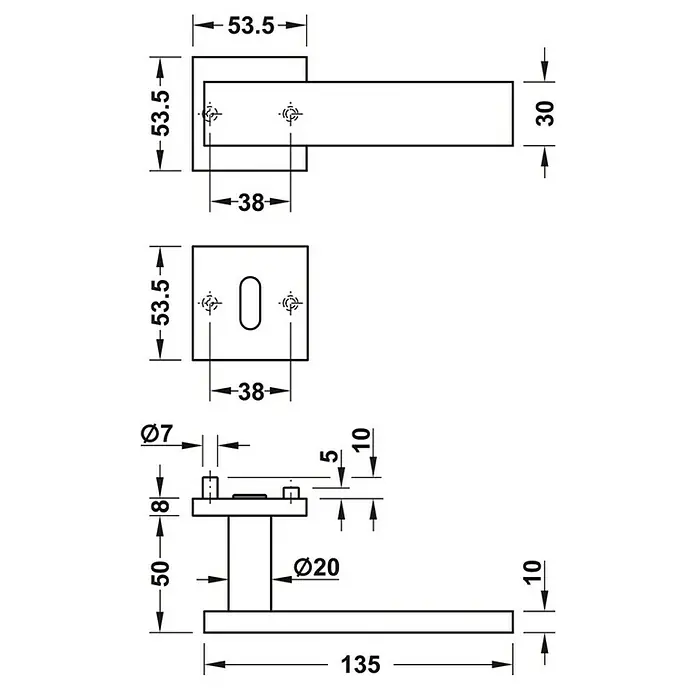 Häfele Drückergarnitur 6 - Stärke Tür: 38 mm - 42 mm, Edelstahl, L-Form, Profilzylinder - Technische Zeichnung eines Türgriffs mit Maßen, inklusive Griff, Rosette und Befestigungsdetails für detaillierte Montageanleitungen.