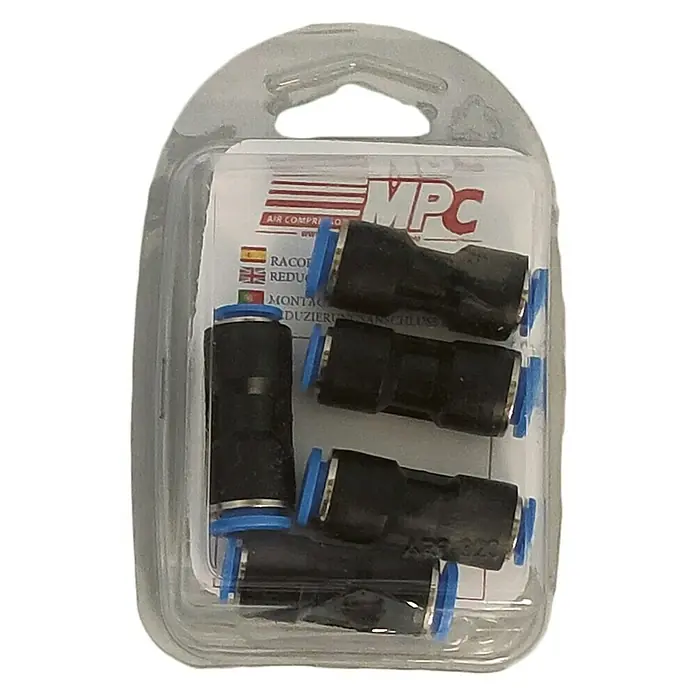 MPC Racor reductor - Dimensión conexión: 10 - 8 mm, 5 ud. - Un paquete de conectores para compresores de aire MPC. Se trata de conectores negros con extremos azules, envasados en un recipiente de plástico transparente.