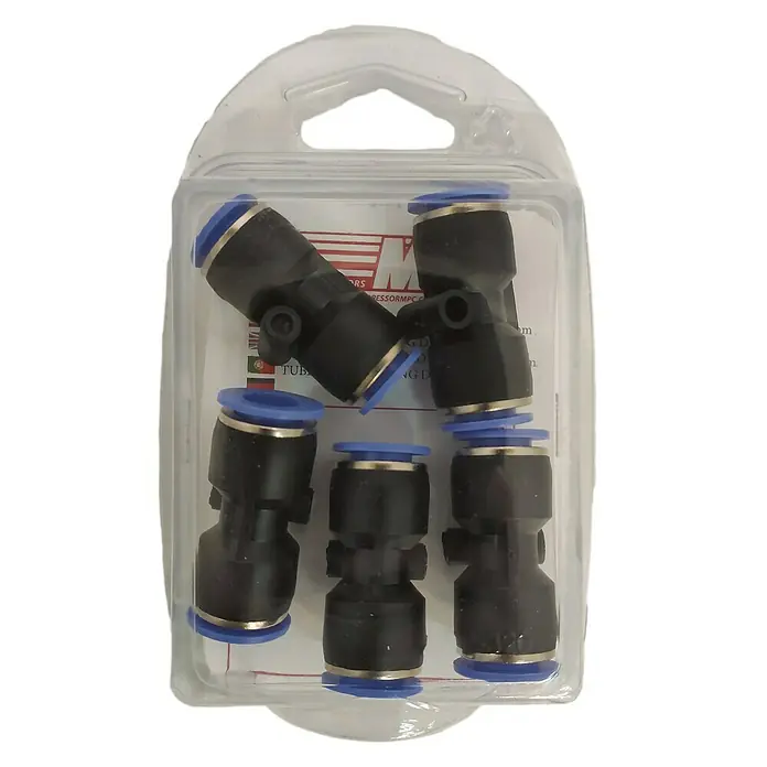 MPC Racor de unión - Diámetro boquilla: 10 mm, 5 ud. - Paquete con varios conectores rápidos neumáticos con extremos azules y cuerpo negro para sistemas de aire comprimido.