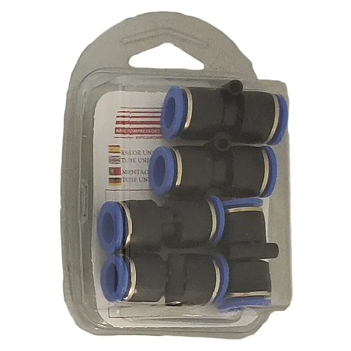 MPC Racor de unión - Diámetro boquilla: 12 mm, 5 ud. - Juego de conectores neumáticos para mangueras de aire en un paquete transparente. Los conectores son azules y negros.