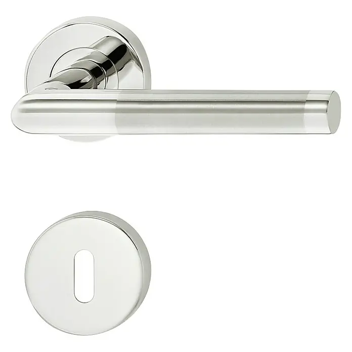 Häfele Drückergarnitur 9 - Stärke Tür: 38 mm - 42 mm, Edelstahl, L-Form, Buntbart - Türgriffgarnitur aus Chrom mit rundem Rosetten-Design, ideal für moderne Inneneinrichtungen, bietet Sicherheit und stilvolle Akzente.