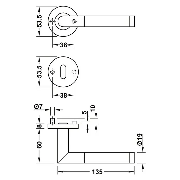 Häfele Drückergarnitur 9 - Stärke Tür: 38 mm - 42 mm, Edelstahl, L-Form, Buntbart - Abbildung einer technischen Zeichnung einer Türklinke mit allen Maßen und Details für die Installation.