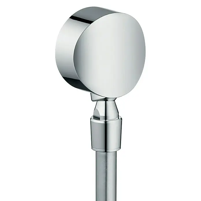 Hansgrohe Brauseanschluss Fixfit S - ½″, Chrom - Nahaufnahme eines modernen, runden Chrom-Duschkopfes auf einem schlanken, zylindrischen Stiel, der Eleganz und Funktionalität vereint.