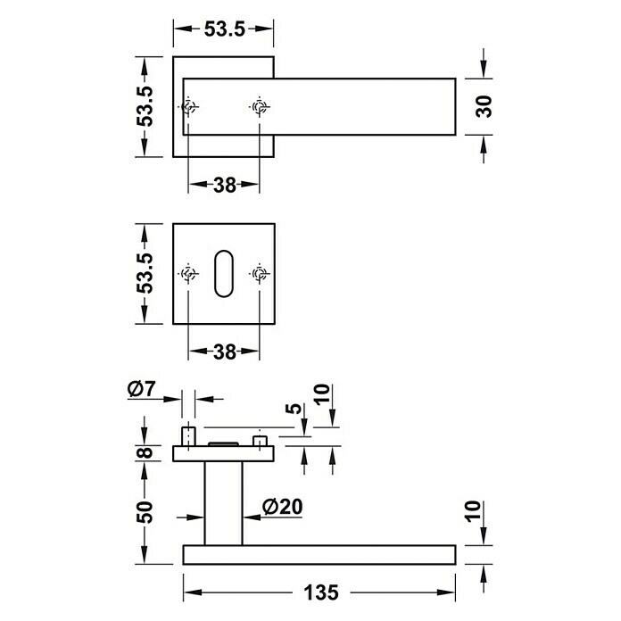 Häfele WC-Türgarnitur 6 (Türstärke: 38 - 42 mm, Schlitzkopf/Olive SK/OL, Edelstahl, L-Form)