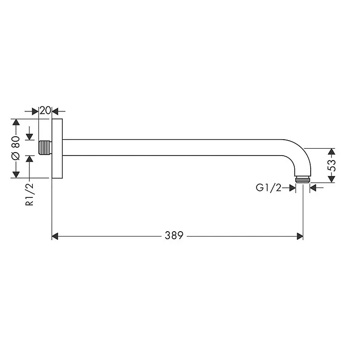 Hansgrohe Brausearm - Länge: 38,9 cm, Chrom, Glänzend - Technische Zeichnung eines Auslaufrohres für Badarmaturen mit Maßangaben. Das Auslaufrohr ist detailliert bemaßt und dargestellt.