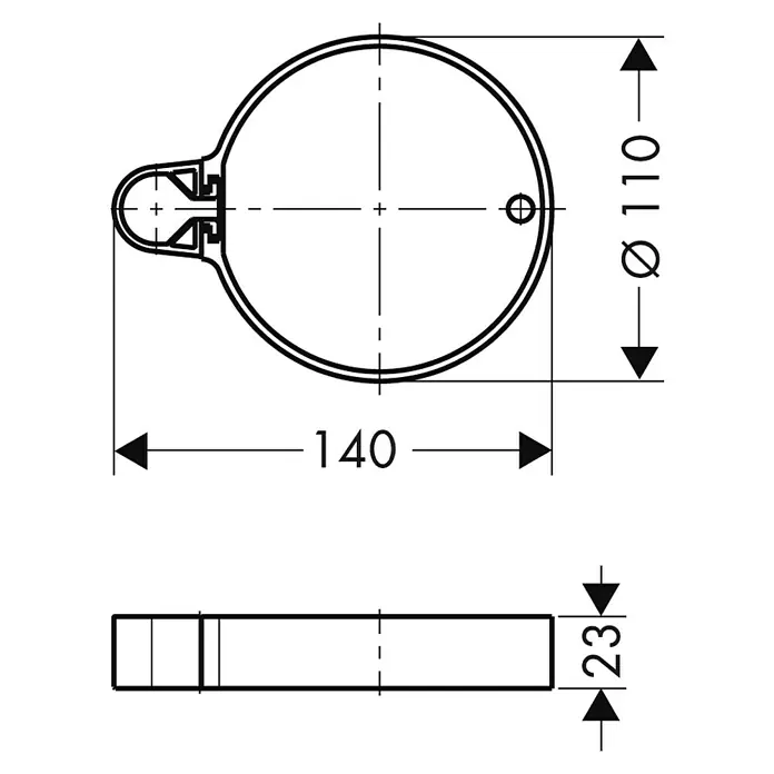 Hansgrohe Seifenschale Casetta C - Kunststoff, Chrom - Technische Zeichnung einer Abdeckung mit den Maßen 140 x 110 x 23 mm zur Verwendung in Sanitäranlagen.