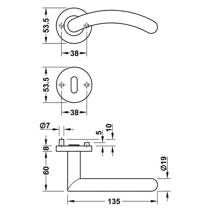 Häfele WC-Türgarnitur 8 (Türstärke: 38 - 42 mm, Schlitzkopf/Olive SK/OL, Edelstahl, Gebogen)