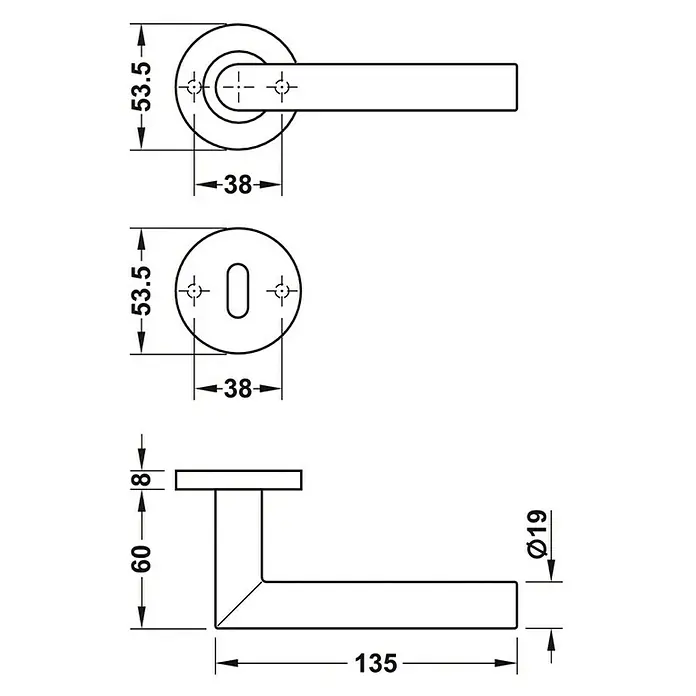 Häfele WC-Drückergarnitur - Schlitzkopf/Olive, Edelstahl, L-Form - Abbildung eines Türgriffs mit genauen Maßangaben für Design und Installation.