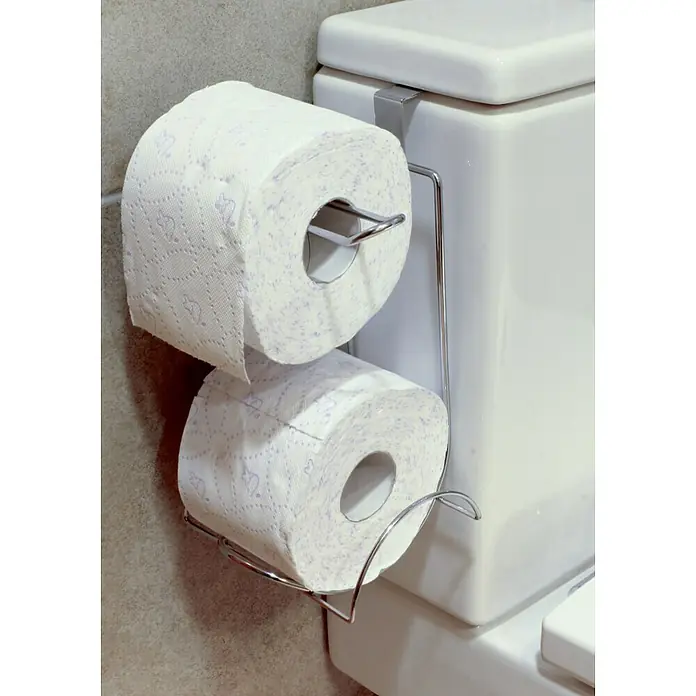 Portarrollos papel higiénico para colgar - Cromo - Portarrollos de papel higiénico cromado con dos rollos de papel higiénico blanco. Práctico para el baño o aseo de invitados.
