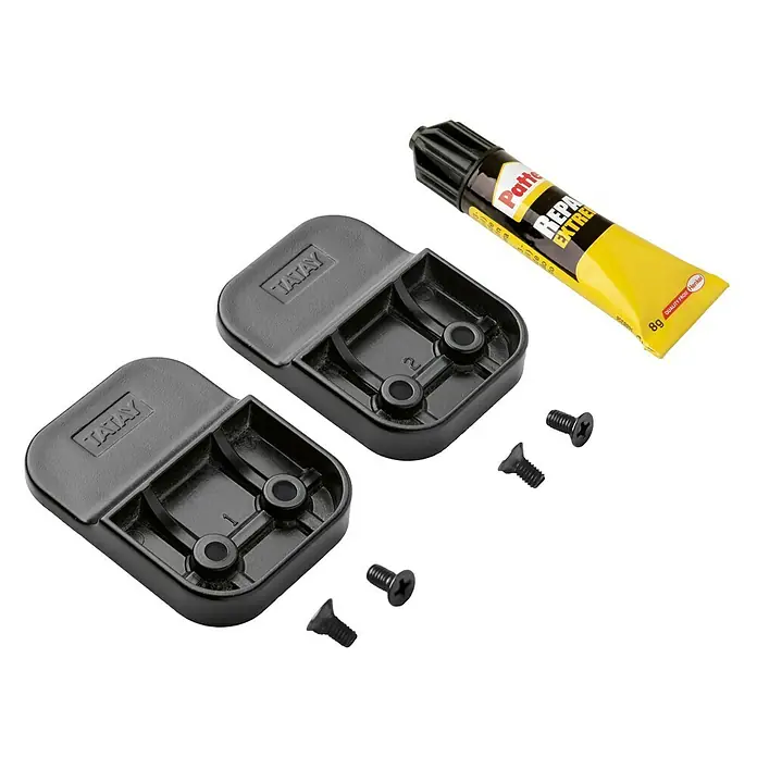 Tatay Onyx Kit de fijación Glue Fix - 2 pzs., Negro, Plástico (ABS), Apto para: Utensilios de baño - En la imagen hay dos topes de puerta negros Tatay, cuatro tornillos y un tubo de pegamento Pattex Repair Extreme.