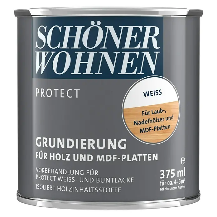 SCHÖNER WOHNEN-Farbe Protect Grundierung für Holz und MDF-Platten - Reinweiß, 375 ml, Matt - Dose Schön Wohnen Protect Grundierung für Holz und MDF-Platten, weiß, 375 ml. Ideal als Vorbehandlung und zur Isolierung von Holzinhaltsstoffen.
