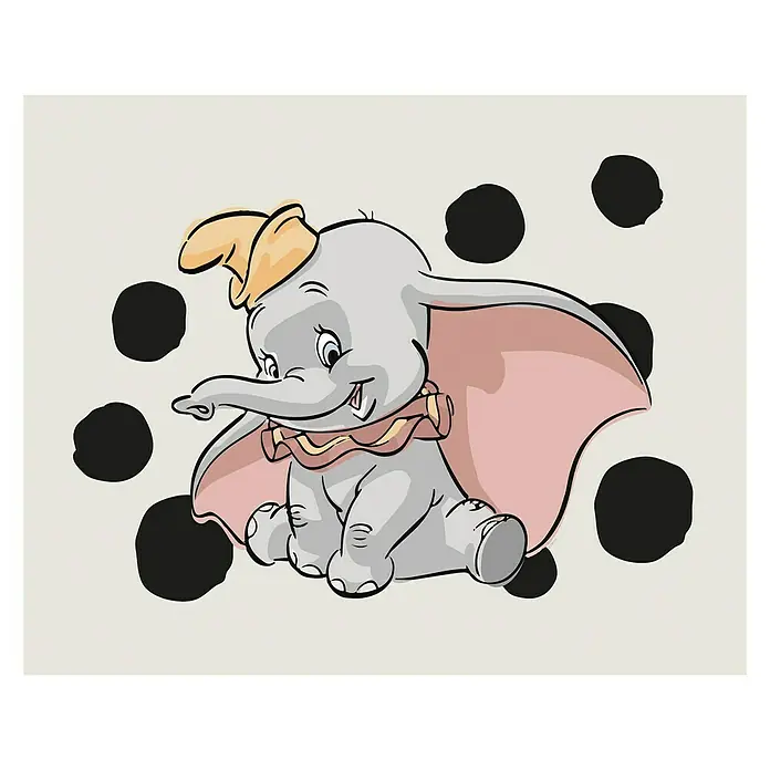 Komar Disney Edition 4 Poster Dumbo Dots Landscape - Disney, B x H: 40 x 30 cm - Bezaubernde Dumbo-Illustration mit seinem gelben Hütchen und den großen Ohren, umgeben von verspielten Punkten, die Kinderherzen erfreut.