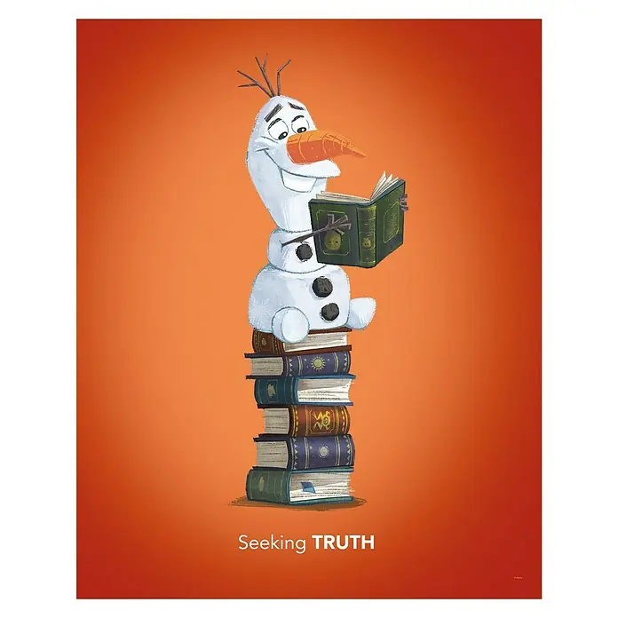 Komar Disney Edition 4 Poster Frozen Olaf Reading - Disney, B x H: 50 x 70 cm - Olaf aus "Die Eiskönigin" sitzt auf einem Stapel Bücher und liest. Der Schneemann ist auf der Suche nach der Wahrheit.